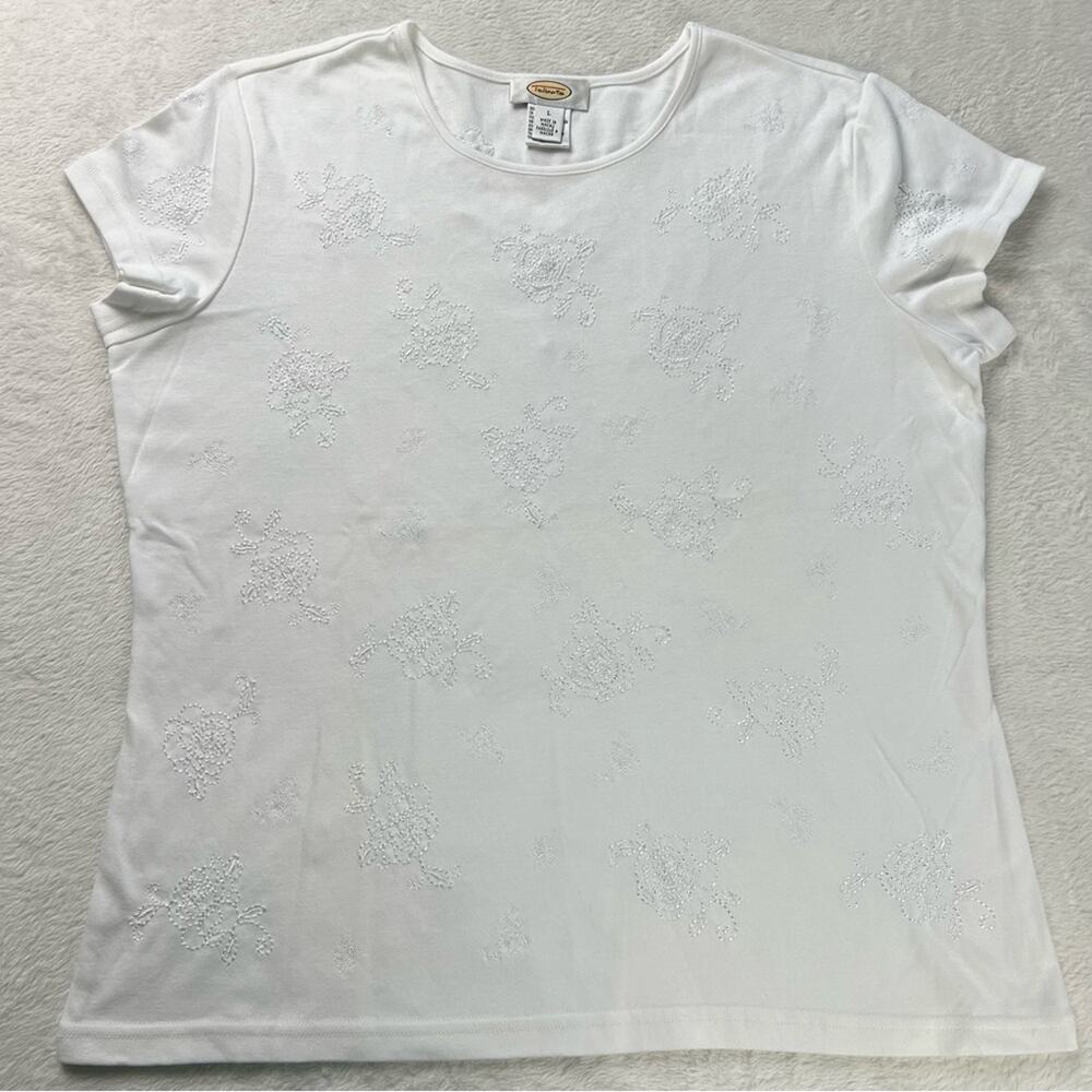 Talbots women’s white Embroidered Floral basic Top shirt size Large